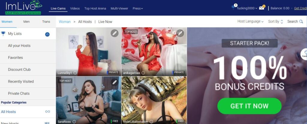 Captura de pantalla ImLive Página principal de sitios de cámaras